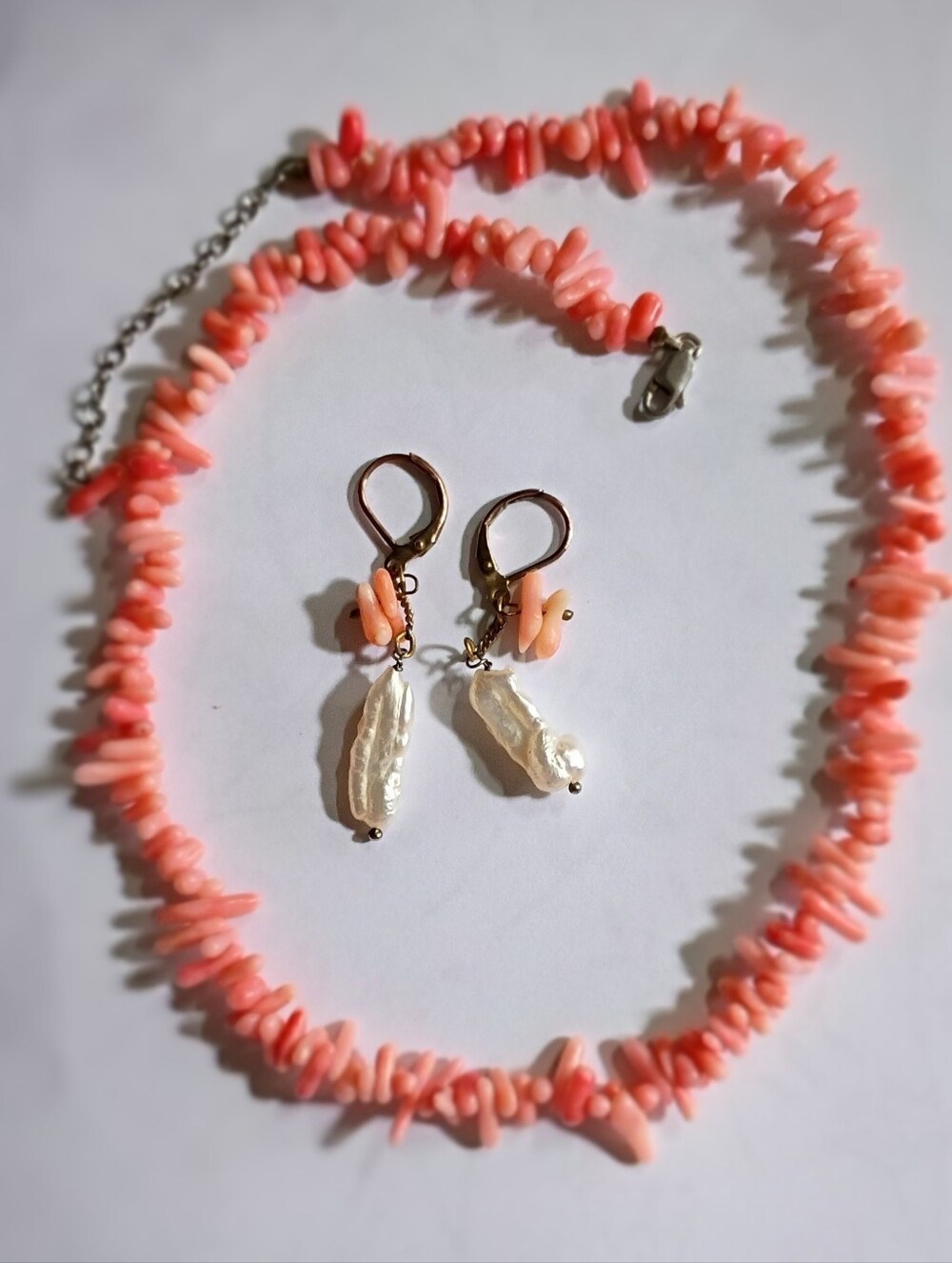 Coral Chip and Baroque Pearl Necklace and Earrings Set